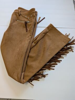 Forever 21 Brown Ultra Suede Fringe Pants Sequin Snap's Zipper Back Pockets